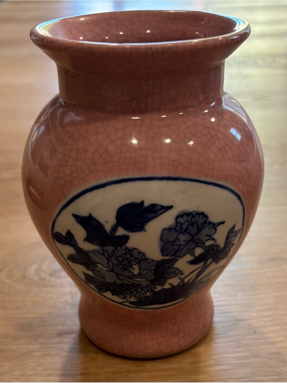 Pink Crackle Ceramic Vase with Blue Floral Medallion